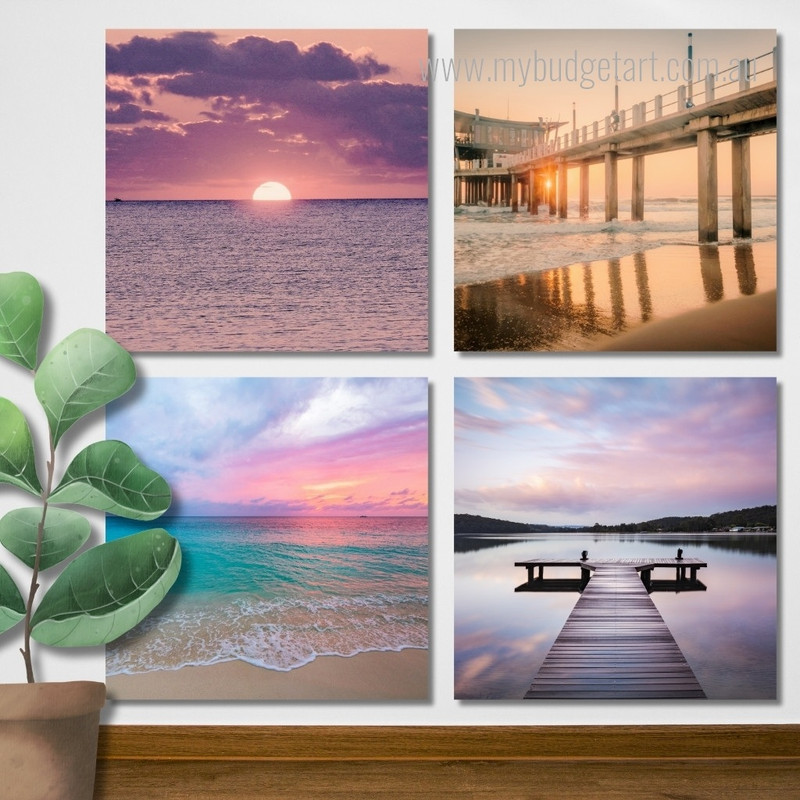 Lake Jetty Sunset Australia Landscape Modern Stretched Painting Photo 4 Piece Wall Art Framed Canvas Prints Set For Bedroom Wall Décor